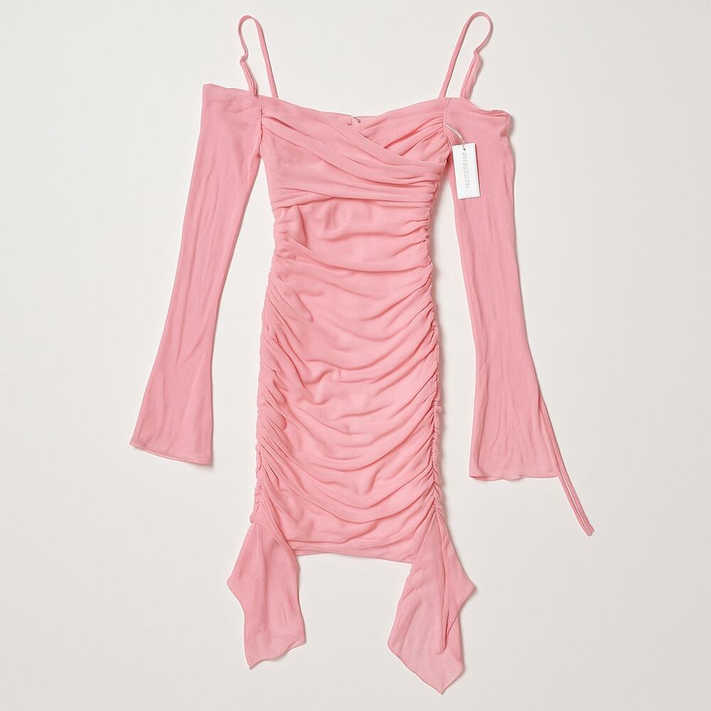 NWT Parthea Pink Mesh Ruched Mini Dress Sz S